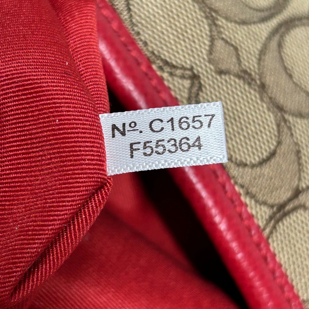 Coach Signature Gallery Tote Khaki Red Leather Trim Canvas Shoulder Bag F55364 - Picture 13 of 15